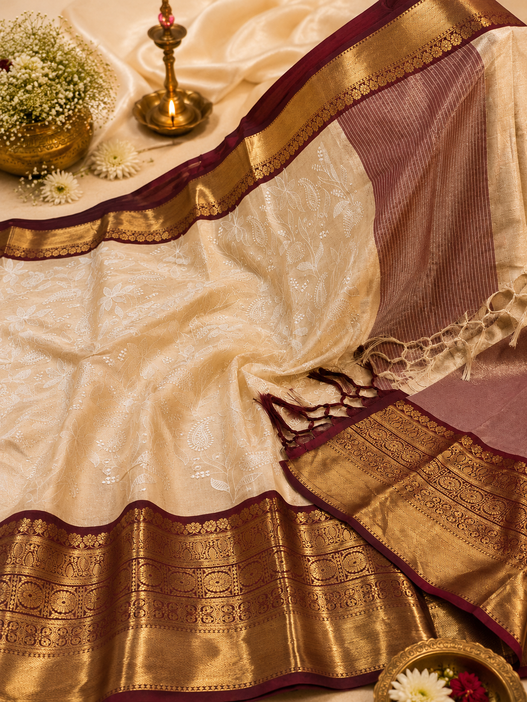Maroon Chikankari tissue saree