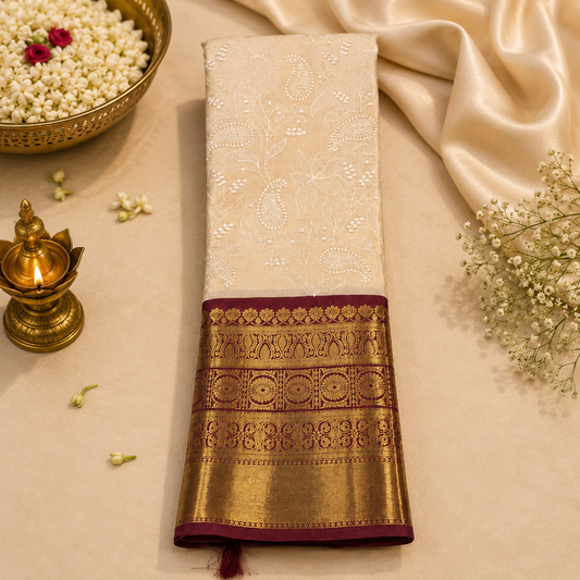 Maroon Chikankari tissue saree