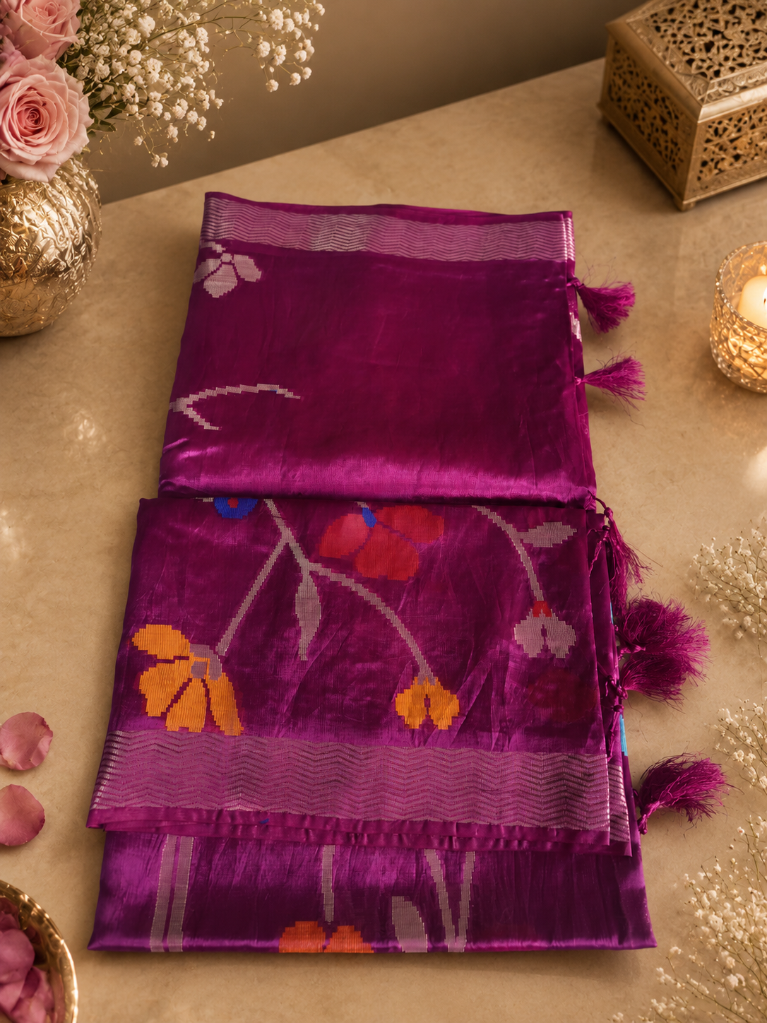 Jamdani weaved Paper silk saree